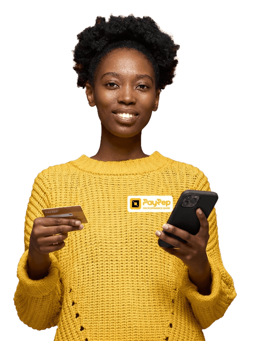 PayRep customer holding her phone and PayRep card