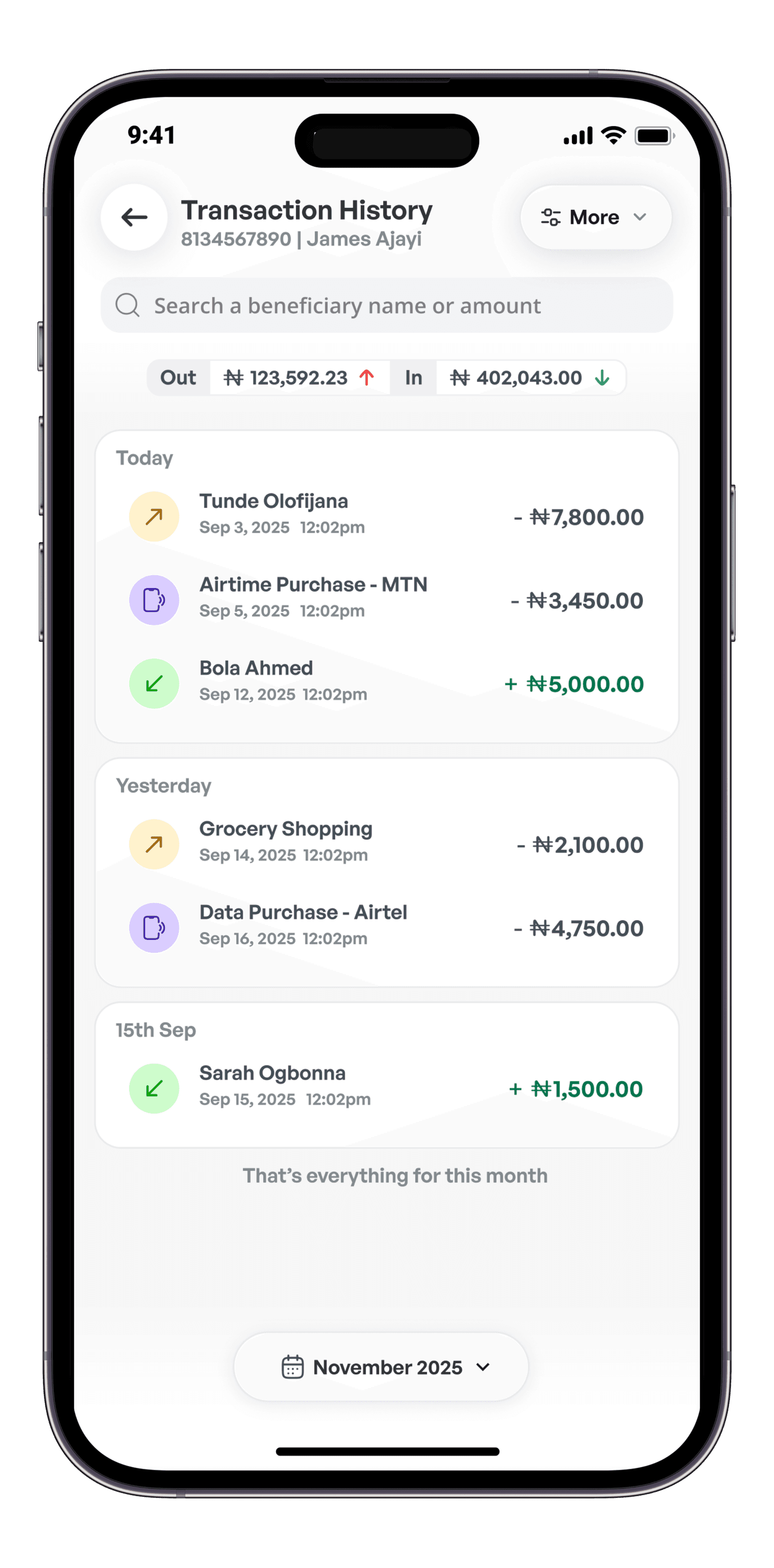 PayRep app transaction history screen